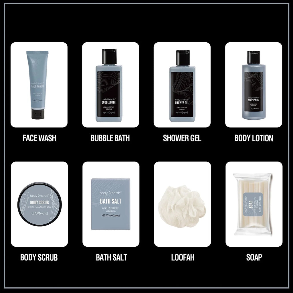 Bath Body Care Spa Gift Basket Sets for Men - 8 Pcs Luxury Leathers Scented Skin Self Care Kit Birthday Fathers Day Gifts for Him Grandpa