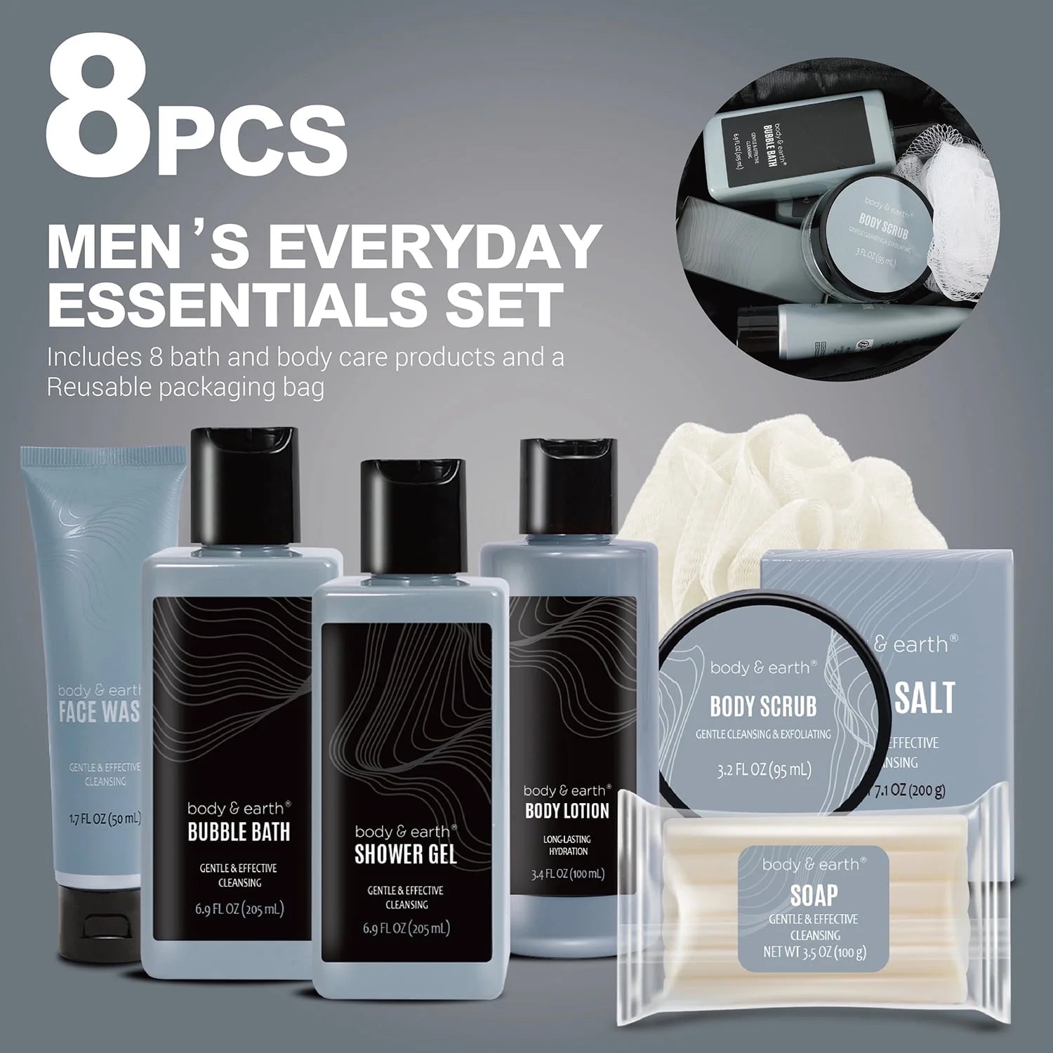 Bath Body Care Spa Gift Basket Sets for Men - 8 Pcs Luxury Leathers Scented Skin Self Care Kit Birthday Fathers Day Gifts for Him Grandpa