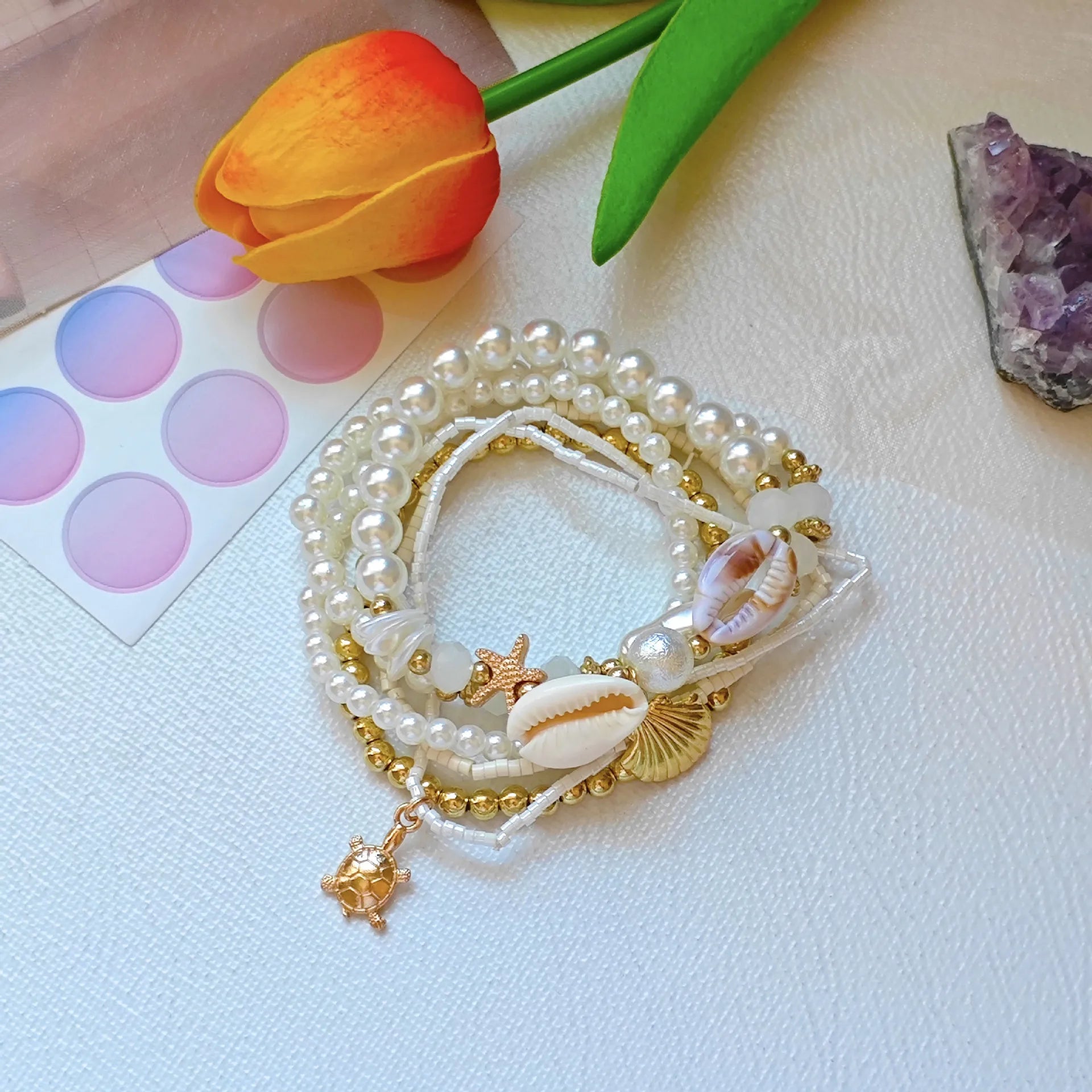 Ocean-Themed Seashell Bracelet, Beach Starfish Pearl Jewelry, Summer Party Accessory, Trendy Women'S Bracelet